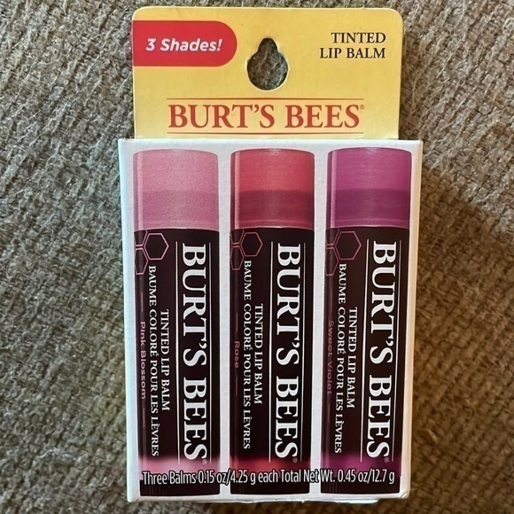 Burt’s Bees Tinted Lip Balm Pink Blossom, Rose & Sweet Violet - Three (3) Pack